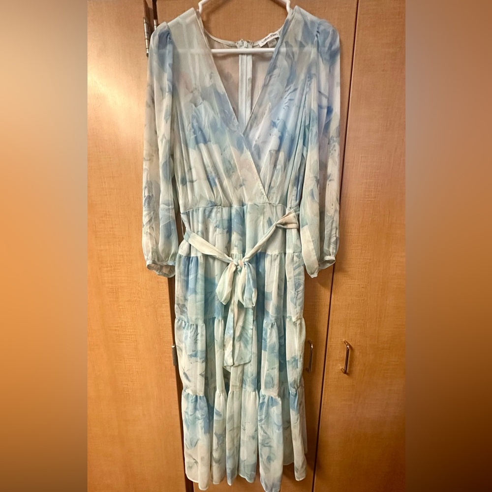 Calvin Klein Blue/White Chiffon Tiered Dress with Tie Waist